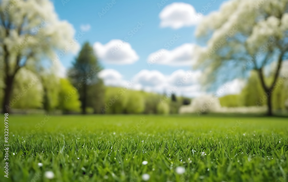 Lush green grass with dew drops in a sun-drenched park with blooming trees. Ideal for nature-themed projects, promoting outdoor activities, or creating a tranquil atmosphere Lush green grass with dew drops in a sun-drenched park with blooming trees. Ideal for nature-themed projects, promoting outdoor activities, or creating a tranquil atmosphere