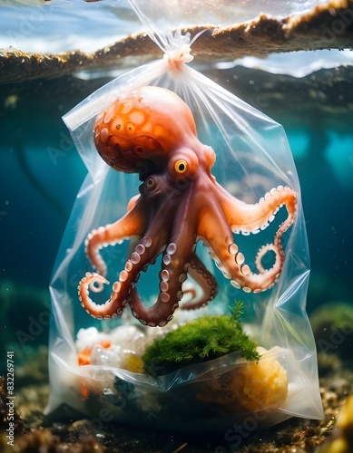 An unfortunate Octopus is being damaged by garbage. which should be cleaned and treated as soon as possible, conserve marine resources, used for World Environment Day.