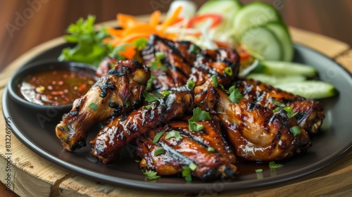 A beautifully arranged plate of grilled chicken wings with a side of fresh vegetables and a spicy dipping sauce