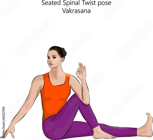 Young woman practicing Vakrasana yoga pose. Seated Spinal Twist pose. Intermediate Difficulty. Isolated vector illustration.