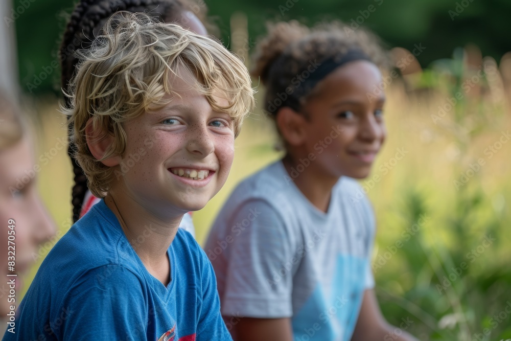 Two boys looking at camera and smiling in the field. Selective focus. Two boys looking at camera and smiling in the field. Selective focus.