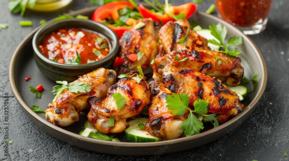 A beautifully arranged plate of grilled chicken wings with a side of fresh vegetables and a spicy dipping sauce
