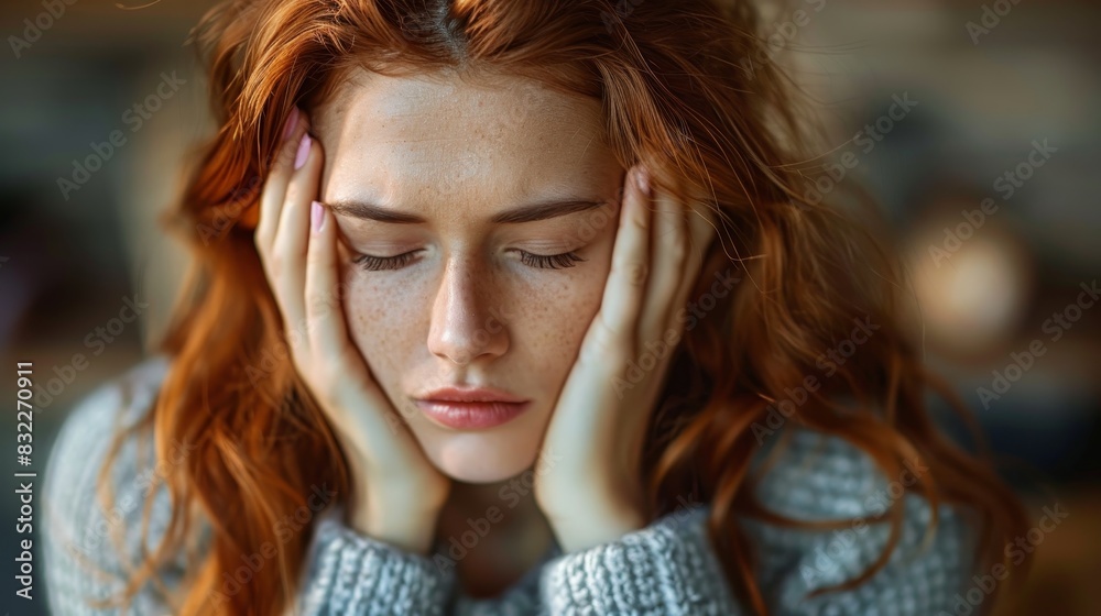 A young woman with long red hair is holding her head in her hands and looking down with a sad expression on her face. A young woman with long red hair is holding her head in her hands and looking down with a sad expression on her face.