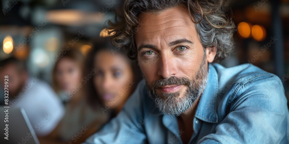 A photography of middle-aged man and his group of friends or his coworker ,blurred background image A photography of middle-aged man and his group of friends or his coworker ,blurred background image