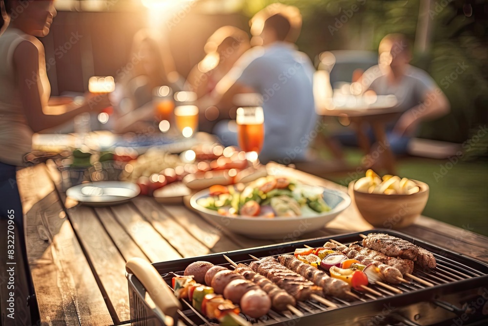 Outdoor barbecue with friends during sunset, showcasing grilled skewers, salads, and drinks on a wooden table.