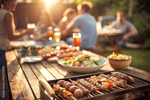 Outdoor barbecue with friends during sunset  showcasing grilled skewers  salads  and drinks on a wooden table.