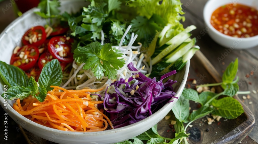 A beautifully arranged Thai salad with a variety of fresh herbs and a side of spicy lime dressing