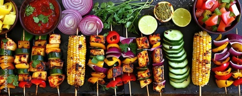 Colorful vegetable skewers with various dips and fresh salad, ideal for summer barbecues or healthy meals, presented on a rustic table.