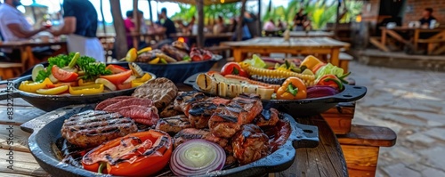 Outdoor dining experience with assorted grilled meats and vegetables on wooden tables in a tropical restaurant setting.