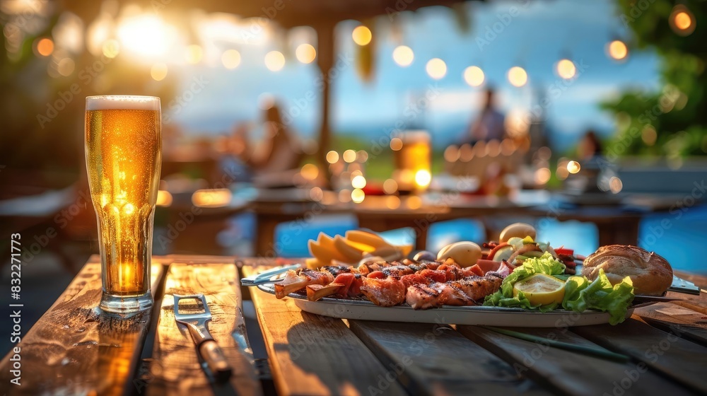 Outdoor dining with a refreshing beer and a platter of delicious food, set in a cozy ambiance with warm lighting.