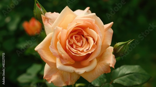 A peach colored rose in the garden viewed from above photo