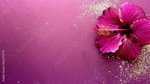 A vibrant fuchsia background with a bold magenta hibiscus flower in the upper right corner, complemented by rich gold glitter speckles, ideal for a lively birthday invitation. photo