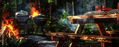 Outdoor picnic table with barbecue grills and food, surrounded by a campfire in a forest setting, perfect for camping and outdoor activities.