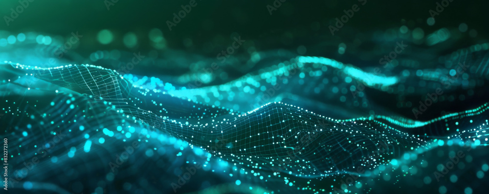 Abstract digital background with blue glowing dots and lines on dark green background, representing the concept of data technology or big cinfion in futuristic world.