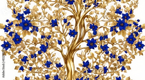  pattern of white and gold flowers with gold leaves on a dark blue background.
