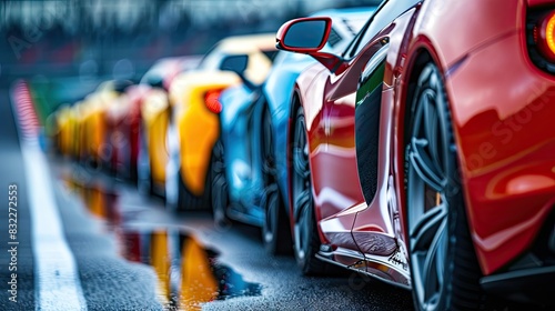 A row of colorful sports cars is parked in a parking lot