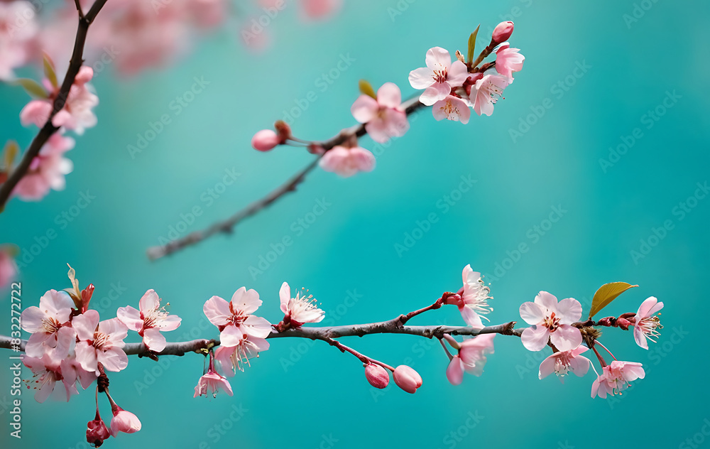Delicate pink blossoms on tree branches against a serene turquoise background. Perfect for conveying themes of spring, renewal, beauty, or wellness. Ideal for greeting cards, social media posts, or be Delicate pink blossoms on tree branches against a serene turquoise background. Perfect for conveying themes of spring, renewal, beauty, or wellness. Ideal for greeting cards, social media posts, or be