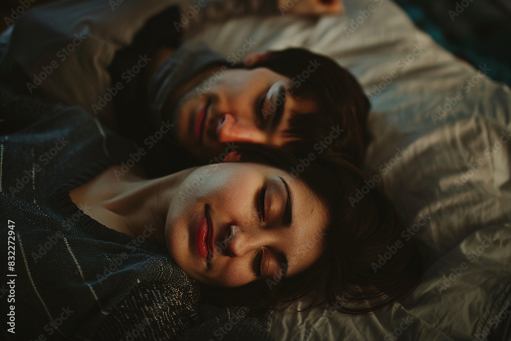 Generated with ai picture of a beautiful loving happy cute couple lying comfy bed at home Generated with ai picture of a beautiful loving happy cute couple lying comfy bed at home