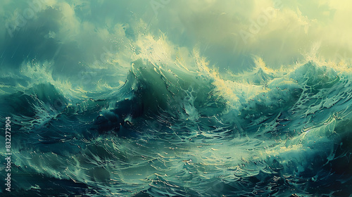 Craft an oil painting depicting the relentless force of the sea as massive waves break  incorporating rich textures and vibrant colors to evoke a sense of motion and grandeur
