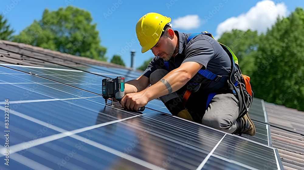 Solar panels installation man safety gear hyperrealism Solar panels installation man safety gear hyperrealism