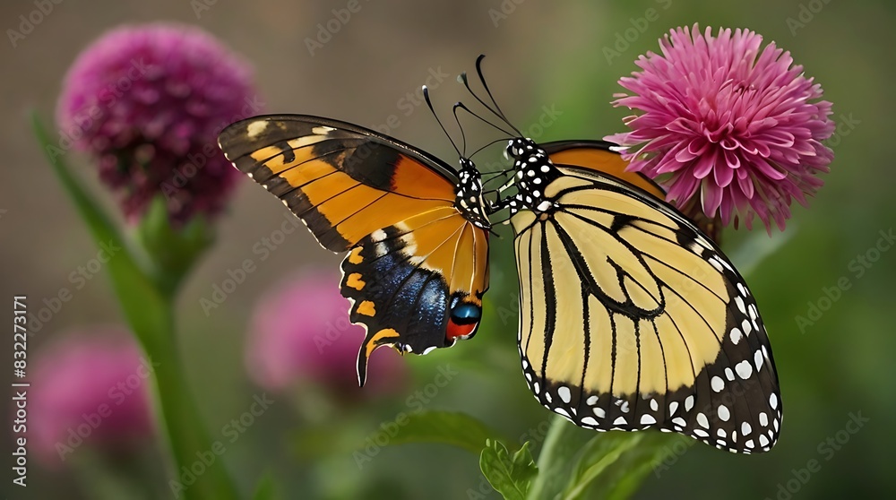 Obraz premium butterflies on a flower. The butterfly on the left is mostly orange,