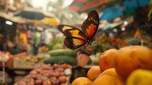 A butterfly landing on a piece of fruit in an outdoor market, blending the natural world with a human environment © Plaifah