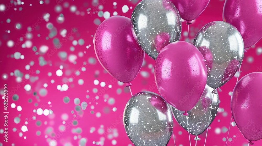 A vibrant hot pink backdrop with shiny metallic silver balloons and sparkling silver glitter, ideal for a bold and festive baby girl birthday invitation. A vibrant hot pink backdrop with shiny metallic silver balloons and sparkling silver glitter, ideal for a bold and festive baby girl birthday invitation.