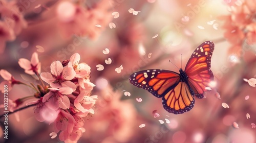A butterfly on a blooming cherry blossom tree, with petals softly falling and creating a picturesque springtime image
