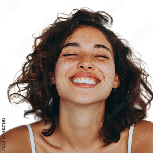 Woman close eyes and smile, white background