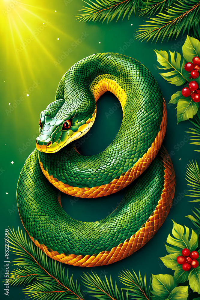 Fototapeta premium illustration of a green snake with a spruce branch as a symbol of the new year 2025