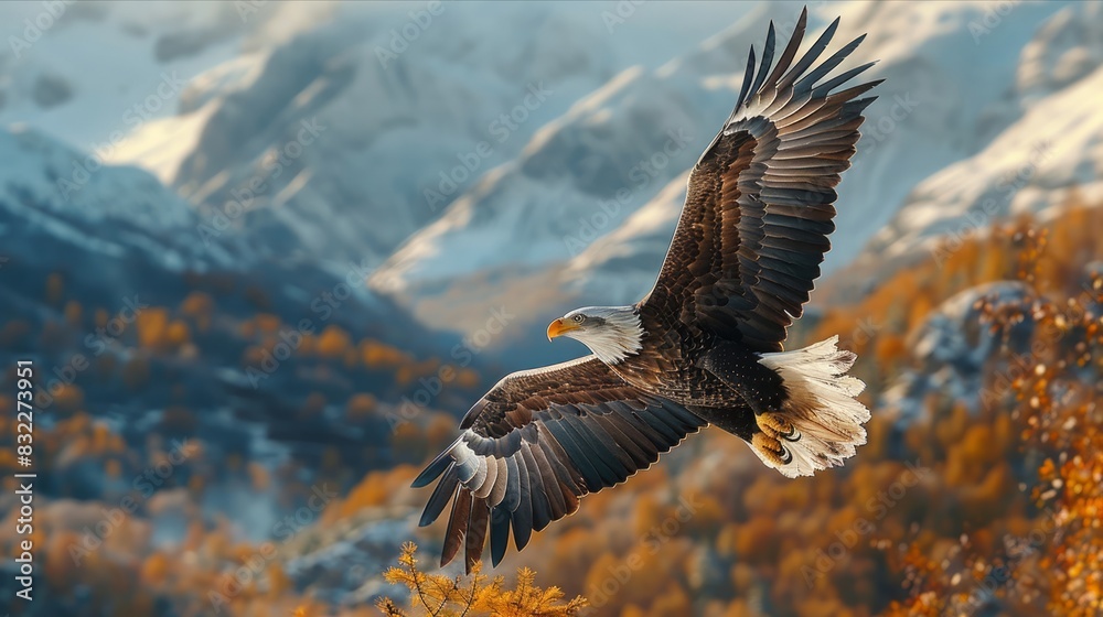Majestic bald eagle in flight with snowy mountains in the background Majestic bald eagle in flight with snowy mountains in the background