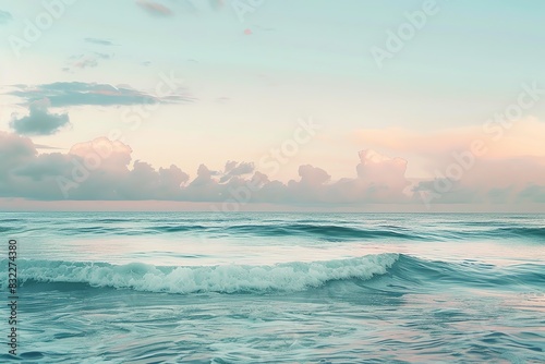 Minimalist seascape with subtle waves and a softly colored cloudy sky, in the style of Sargent, elegant theme, serene, Double exposure, peaceful seashore backdrop photo