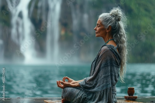 A gorgeous senior lady meditates peacefully by a serene waterfall, embodying tranquility.