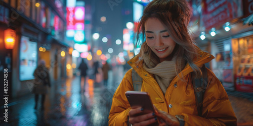 In the rain-drenched city street at night  a positive  smiling woman texts on her smartphone.