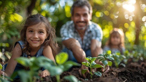 Family Togetherness in Garden Planting Couple and Children Cultivate Life in Sunny Backyard