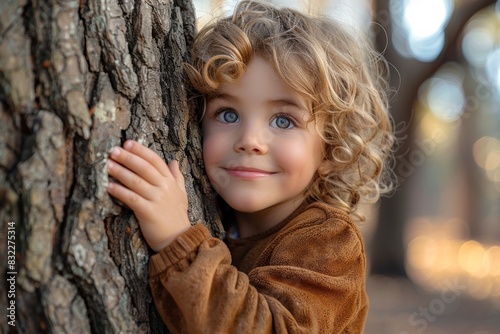 childhood as a European Caucasian boy expresses his delight, smiling brightly while embracing a tree in the heart of the forest. © Surachetsh