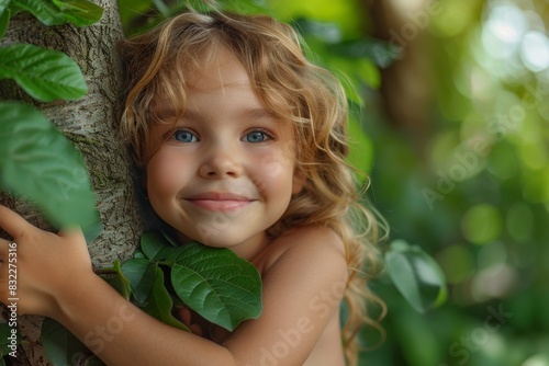 Wallpaper Mural childhood as a European Caucasian boy expresses his delight, smiling brightly while embracing a tree in the heart of the forest. Torontodigital.ca