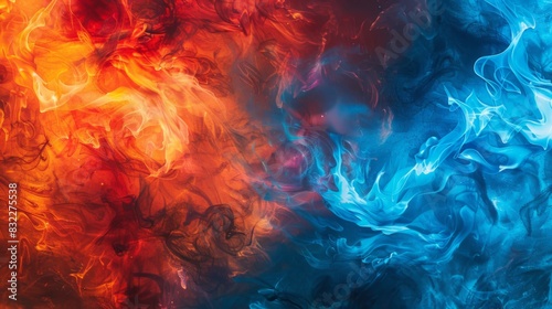 A colorful painting of fire and smoke with a blue and red background