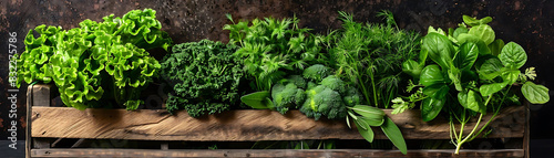 fresh green vegetables and herbs in a rustic wooden crate