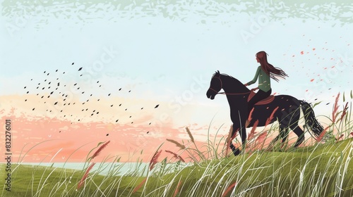 A silhouette of a woman riding a horse at sunset. silhouette. Illustrations