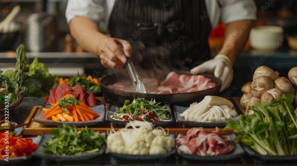 A chef preparing ingredients for a Shabu Shabu meal, with fresh vegetables and meats neatly arranged A chef preparing ingredients for a Shabu Shabu meal, with fresh vegetables and meats neatly arranged