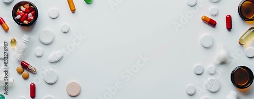 Medicine and health concept, various pills and bottles on white background with copy space top view. Space for text or banner. photo