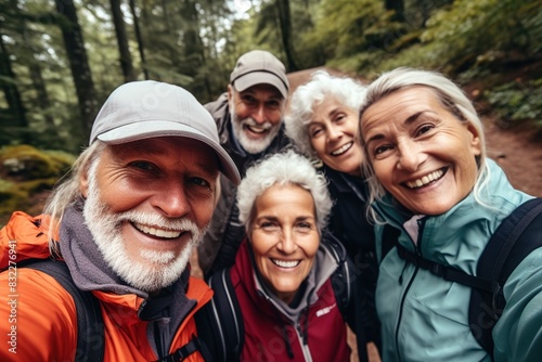 Nature, selfie and senior friends hiking together in a forest while on an outdoor adventure. Happy, smile and portrait of a group of elderly people trekking in woods for wellness, health and exercise