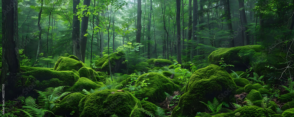 Fototapeta premium lush green forest with moss - covered rocks and ferns