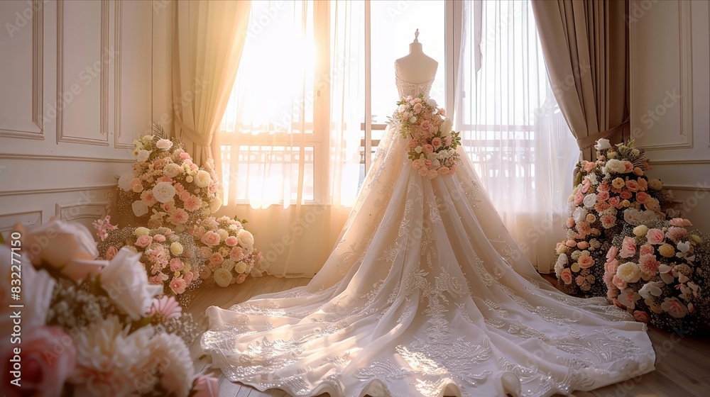 Beautiful bridal gown with flower decorations in brightly lit room Beautiful bridal gown with flower decorations in brightly lit room