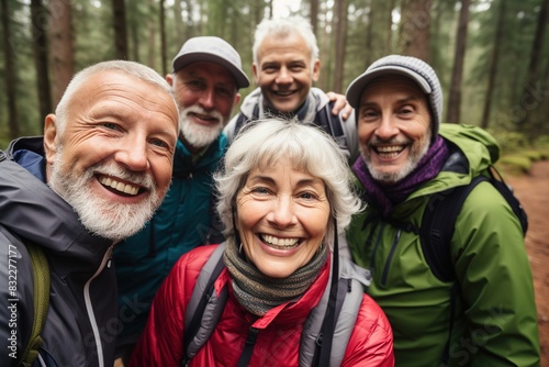 Nature, selfie and senior friends hiking together in a forest while on an outdoor adventure. Happy, smile and portrait of a group of elderly people trekking in woods for wellness, health and exercise