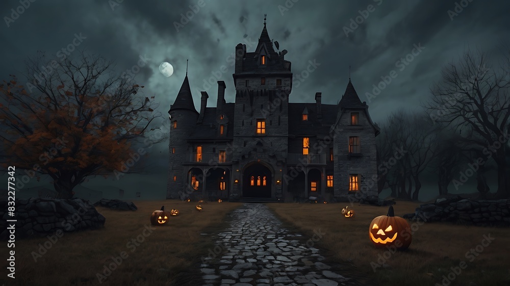 haunted house with a full moon in the background. haunted house with a full moon in the background.