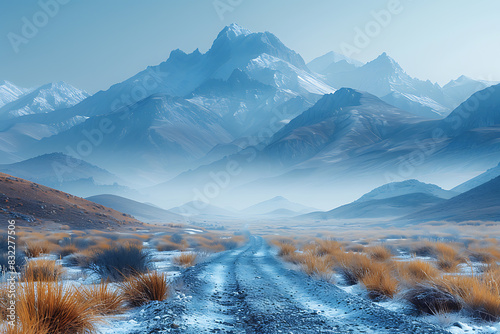 Solitary Cinematic Landscape: Stoic Mountains & Craggy Terrain at Dusk Light photo