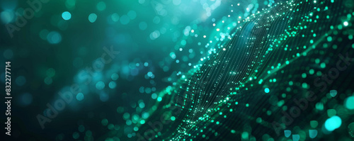 Abstract digital background with blue glowing dots and lines on dark green background, representing the concept of data technology or big cinfion in futuristic world.