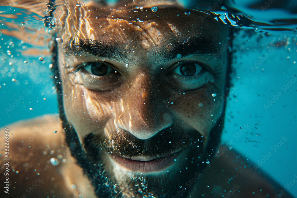 Fototapeta premium Underwater swimming created with generative ai person enjoys summer pleasant water swimming diving
